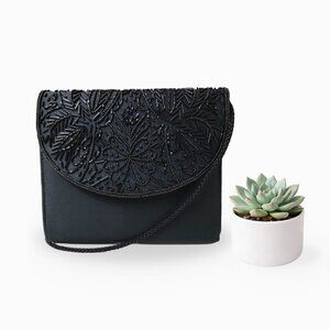Black Beaded Satin Crossbody Evening Bag Clutch